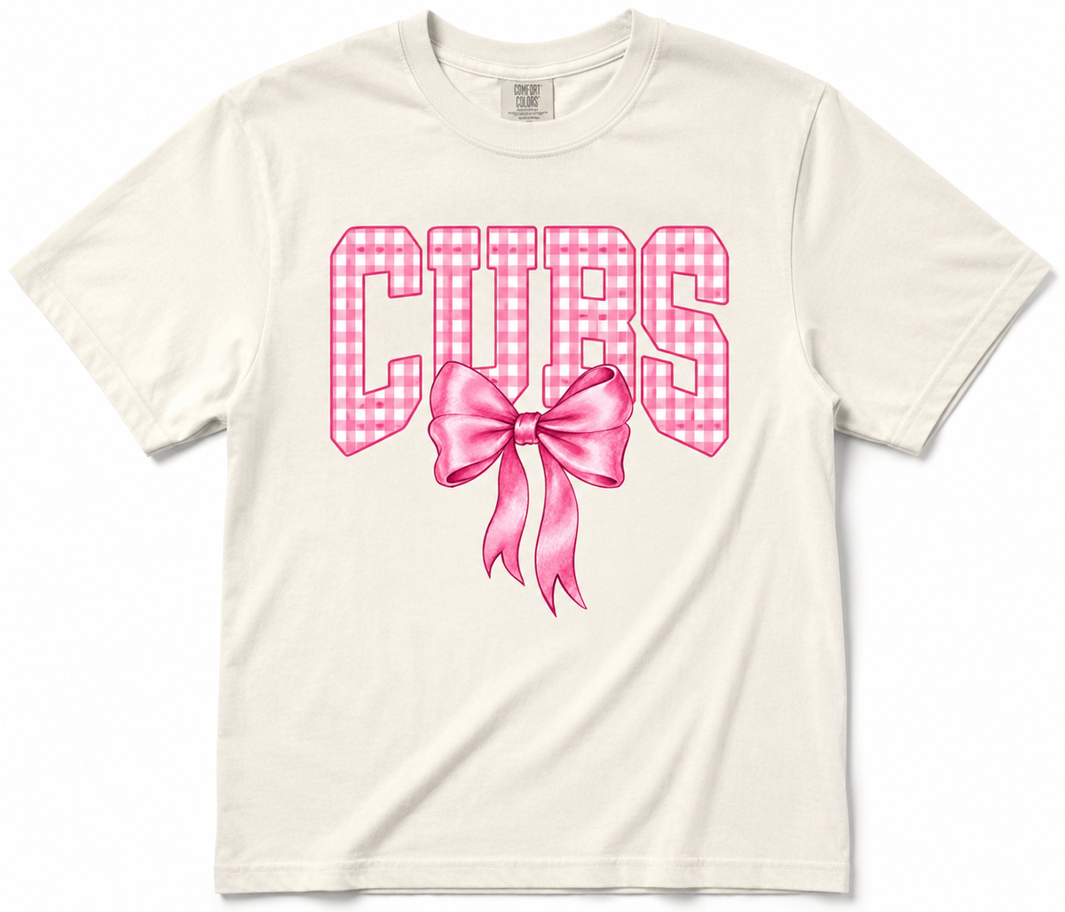 Pink Cubs in gingham with bow short sleeve tshirt